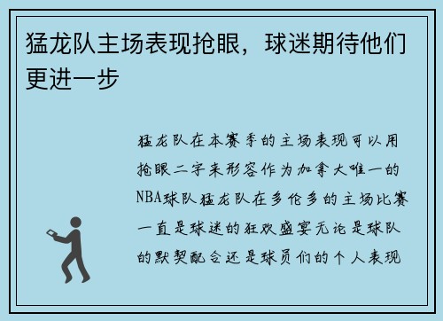 猛龙队主场表现抢眼，球迷期待他们更进一步